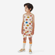 The multi cat print boy short has a cream background with abstract multi color cat faces and elastic belt